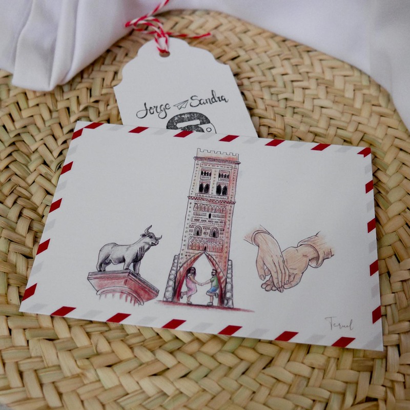 Boda viaje - Minuta original en formato postal. Ilustraciones realizadas por el novio. 