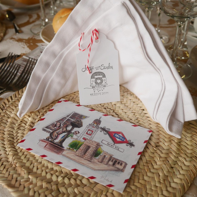 Boda viaje - Minuta original en formato postal. Ilustraciones realizadas por el novio. 