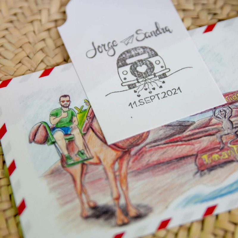 Boda viaje - Minuta original en formato postal. Ilustraciones realizadas por el novio. 