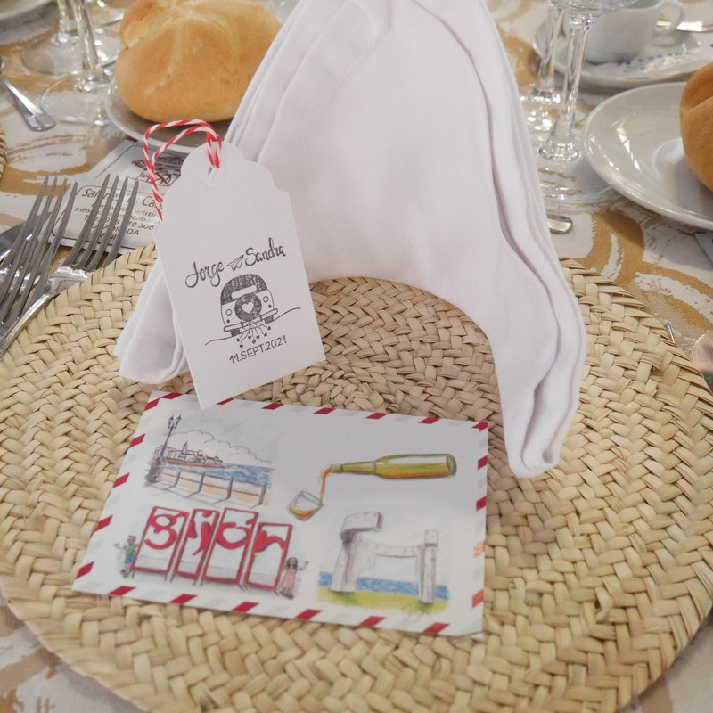 Boda viaje - Minuta original en formato postal. Ilustraciones realizadas por el novio. 