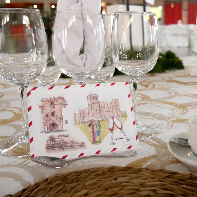 Boda viaje - Minuta original en formato postal. Ilustraciones realizadas por el novio. 