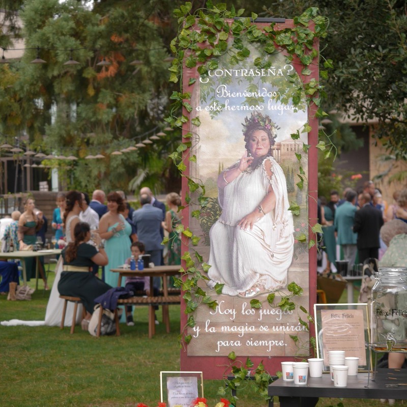 Boda Juegos y magia - Córner de bienvenida donde recibía la Sra. Gorda de Harry Potter con pociones ideales para el evento y gracias al Sombrero seleccionador ayudó a las damas con tacones. 