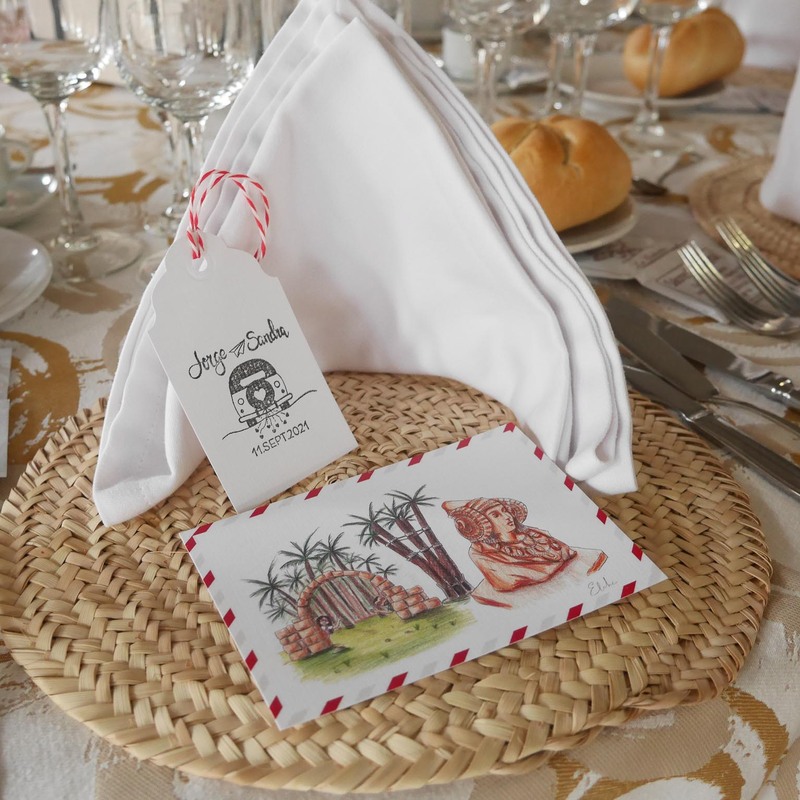 Boda viaje - Minuta original en formato postal. Ilustraciones realizadas por el novio. 